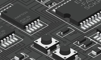 Isometric electronic board. Isometric printed circuit board with electronic components. Electronic components and integrated circuit board vector