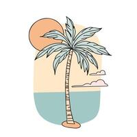 linear illustration of a palm tree on a background of sea and sun, hand drawn flat style. vector