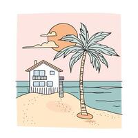 playa casa con palma árbol en el costa. mano dibujado ilustración en plano estilo. vector