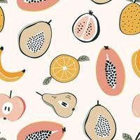 sin costura modelo con exótico frutas, ilustración en garabatear estilo vector