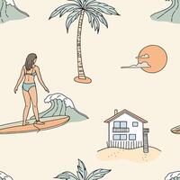 Seamless pattern with surfer girl, palm trees and beach house. Hand drawn illustration. vector
