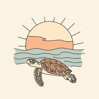 Sea turtle on a background of sea and sun, hand drawn illustration vector