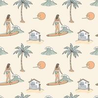 Seamless pattern with surfer girl, palm trees and beach house. Hand drawn illustration. vector