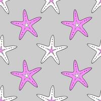 Pattern with pink and white starfish in doodle style on a gray background. vector