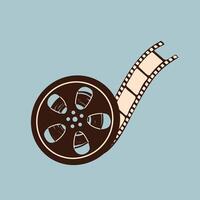 Film reel and twisted cinema tape. Isolated on background. Cinema icon in flat style vector