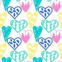 Hearts graffiti seamless pattern. Illustration. Multicolored silhouettes of hearts with different patterns. Hand drawn doodle style. vector