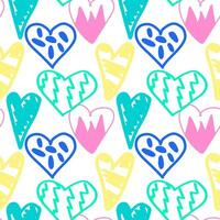 Hearts graffiti seamless pattern. Illustration. Multicolored silhouettes of hearts with different patterns. Hand drawn doodle style. vector