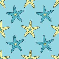 Sea blue pattern with starfish in doodle style, ocean, bottom with sea inhabitants, underwater world. vector