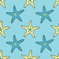 Sea blue pattern with starfish in doodle style, ocean, bottom with sea inhabitants, underwater world. vector