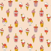 Seamless pattern with set of Ice cream depicted in a vibrant cartoon style. vector