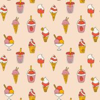 Seamless pattern with set of Ice cream depicted in a vibrant cartoon style. vector