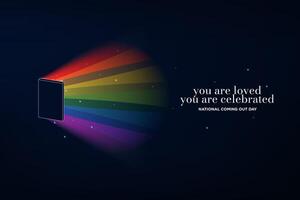 National Coming Out Day Banner. LGBT Rainbow Color Light Shining from an open door with soft glow and sparkles. You are loved, you are celebrated text. vector
