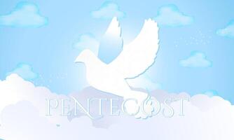 Pentecost Artwork. Beautiful White Dove flying in the sky. Symbolic Holy Spirit above the clouds. vector