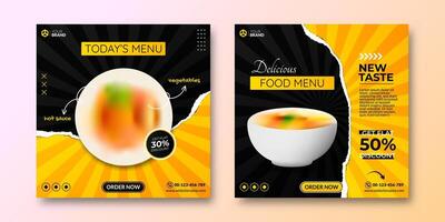 comida social medios de comunicación enviar modelo con Rasgado papel efecto. digital bandera para restaurante en línea marketing. Bosquejo de comida y bebida contenido menú lista en negro y amarillo antecedentes vector