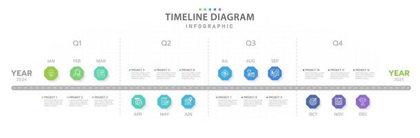 infografía modelo para negocio. 12 meses moderno cronograma diagrama calendario, presentación infografía. vector