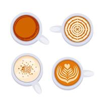 Set of coffee cups and latte art in cute cartoon style. vector