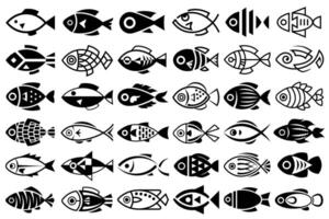 Fishes illustration set. Abstract decorated black and white fish icons. Stylized, decorative underwater creatures designs. Black geometric fishes isolated on white background. vector