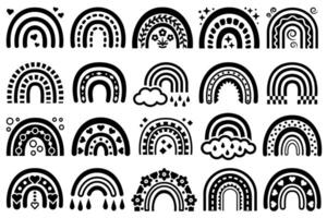 Black and white Boho rainbows set. Collection of decorative, stylized Bohemian rainbows with hearts, flowers, clouds and geometric shapes. vector