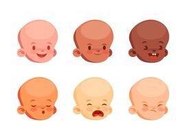 Set of emotions of babies of different races in cute cartoon style. vector