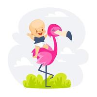 Illustration of a human baby sitting astride a flamingo in a cute cartoon style. vector