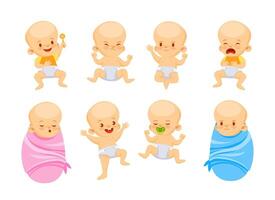 Set of babies in different poses with different emotions in a cute cartoon style. vector