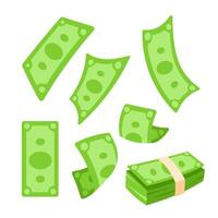 Set of paper dollar money in cute cartoon style. vector