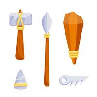 conjunto de Roca años herramientas, Roca hacha, lanza, club, cincel, pescado hueso pescado gancho en dibujos animados estilo. vector