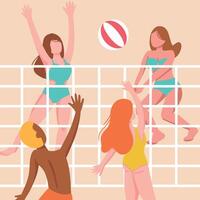 contento dibujos animados personas jugando playa vóleibol en arena en verano. jugadores en trajes de baño lanzamiento pelota mediante neto. verano actividades. ilustración de playa voleo aislado en blanco antecedentes vector