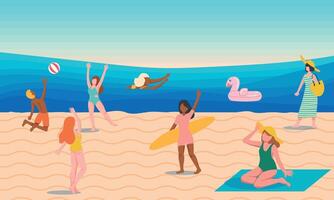 People in sea or ocean performing various activities. Men and women swimming, diving, surfing, lying on floating air mattress and sunbathing, playing with ball. Flat cartoon illustration. vector