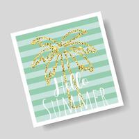 Hello summer card design. Gold glitter palm and lettering on green striped background in white frame. Trendy summer design for print, poster, card. vector