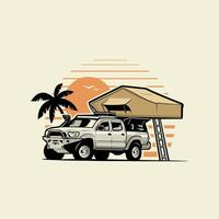 Pickup truck camper caravan trailer motorhome in beach scenery illustration. Best for camping and outdoor camping related industry vector