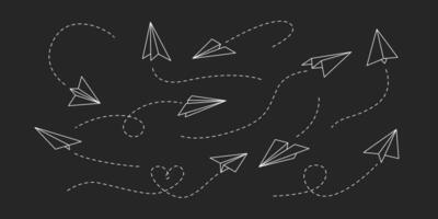 Paper airplane. Outline flying planes with dotted track direction. Travel or message symbol. Black linear paper plane icon vector