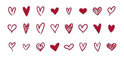 Red Heart doodles set. Hand drawn hearts collection. Love icon illustration vector