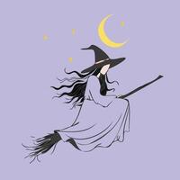 A woman in a witch costume is flying on a broomstick vector