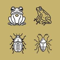 Four different insects are shown in black and white. The first insect is a frog, the second is a bug, the third is a beetle, and the fourth is a bug. The insects are all drawn in a simple vector