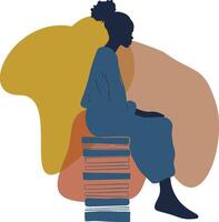 un mujer se sienta en un apilar de libros vector