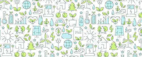 Ecology seamless pattern, colorful line icons. Environmental improvement, sustainability, recycle, renewable energy. Eco friendly banner. For cover, wrapping paper, textile print vector