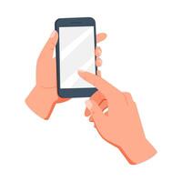 Hand holding a mobile phone with blank screen on white background. Finger touching. Hand holds smartphone. vector