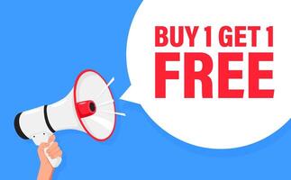Buy One Get One Free. Buy 1 Get Free. Hand hold megaphone speaker for announce. Attention please. Shouting people, advertisement speech symbol vector