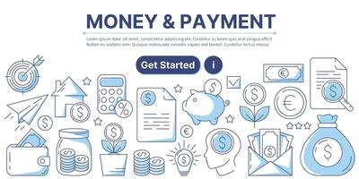 Money and payment, business and finance icons composition. Infographics elements with monetary sign, piggy bank, money bag, calculator. Modern line design for web, banner, poster, landing page vector