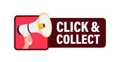 Click and collect. Hand hold megaphone speaker for announce. Attention please. Shouting people, advertisement speech symbol vector