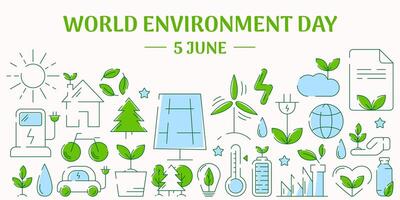World Environment Day, modern ecology nature banner. Set of line eco icons in flat minimalist style. For flyer, poster, cover, web, presentation. Sustainability, recycle, renewable energy. vector