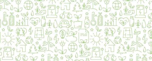 Ecology seamless pattern, green linear icons. Environmental improvement, sustainability, recycle, renewable energy. Eco friendly banner. For cover, wrapping paper, textile print. vector