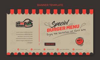 Banner template design with cream background and burger cartoon design for street food advertisement vector