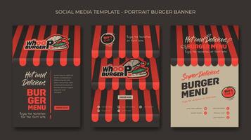 Set of portrait social media post template with canopy background and burger in cartoon design for street food advertisement vector