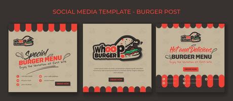 Set of square social media post template with gaping burger in cartoon design and classic canopy background for street food advertisement design vector