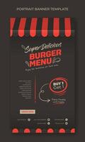 Portrait street food template in black and classic canopy background design for fast food advertisement design vector