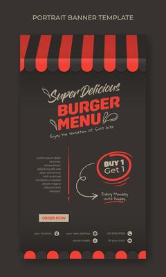 Portrait street food template in black and classic canopy background design for fast food advertisement design