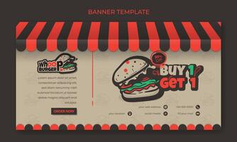 Banner template with classic canopy in cream background and gaping burger in cartoon design for fast food advertising vector