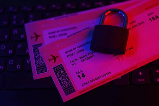 Fictional air tickets and small padlock on computer keyboard photo